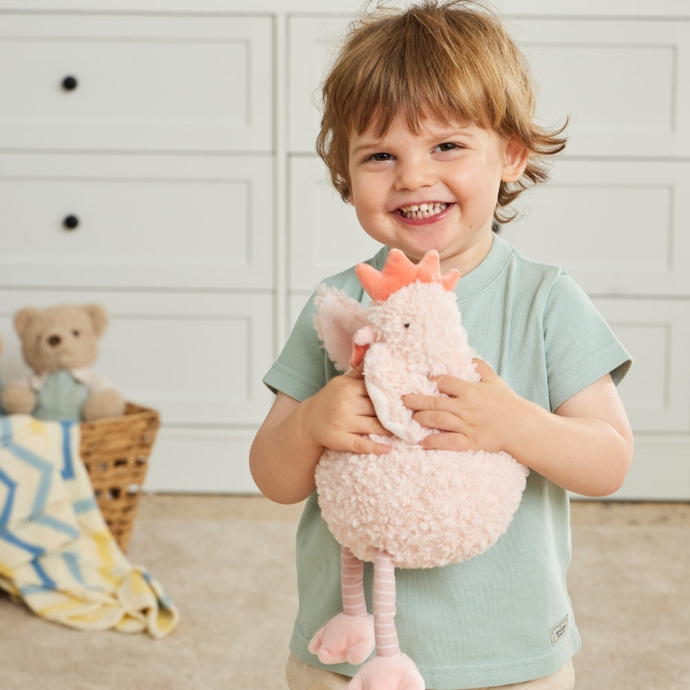 Smiling toddler holding the pink chicken soft toy against his chest, its coral comb and beak at the top and long legs dangling