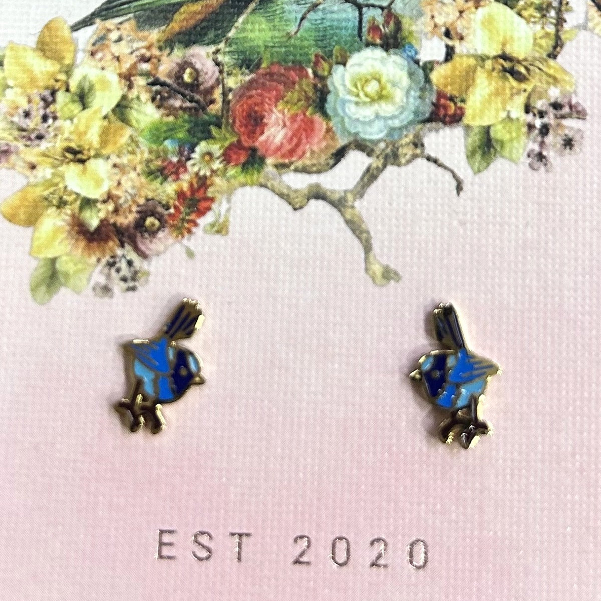 Blue fairy-wren stud earrings on a pink Songbird and the Bee card
