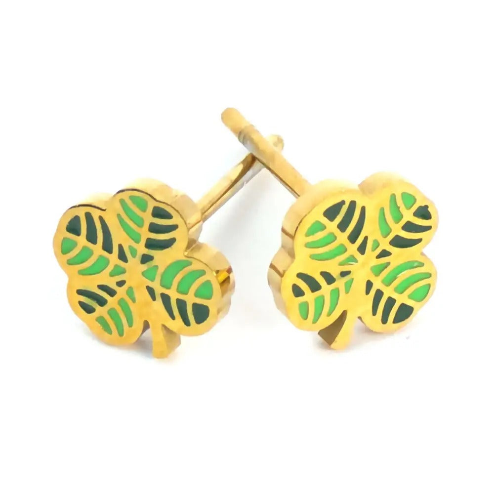 Pair of gold-tone four-leaf clover stud earrings with green enamel leaves