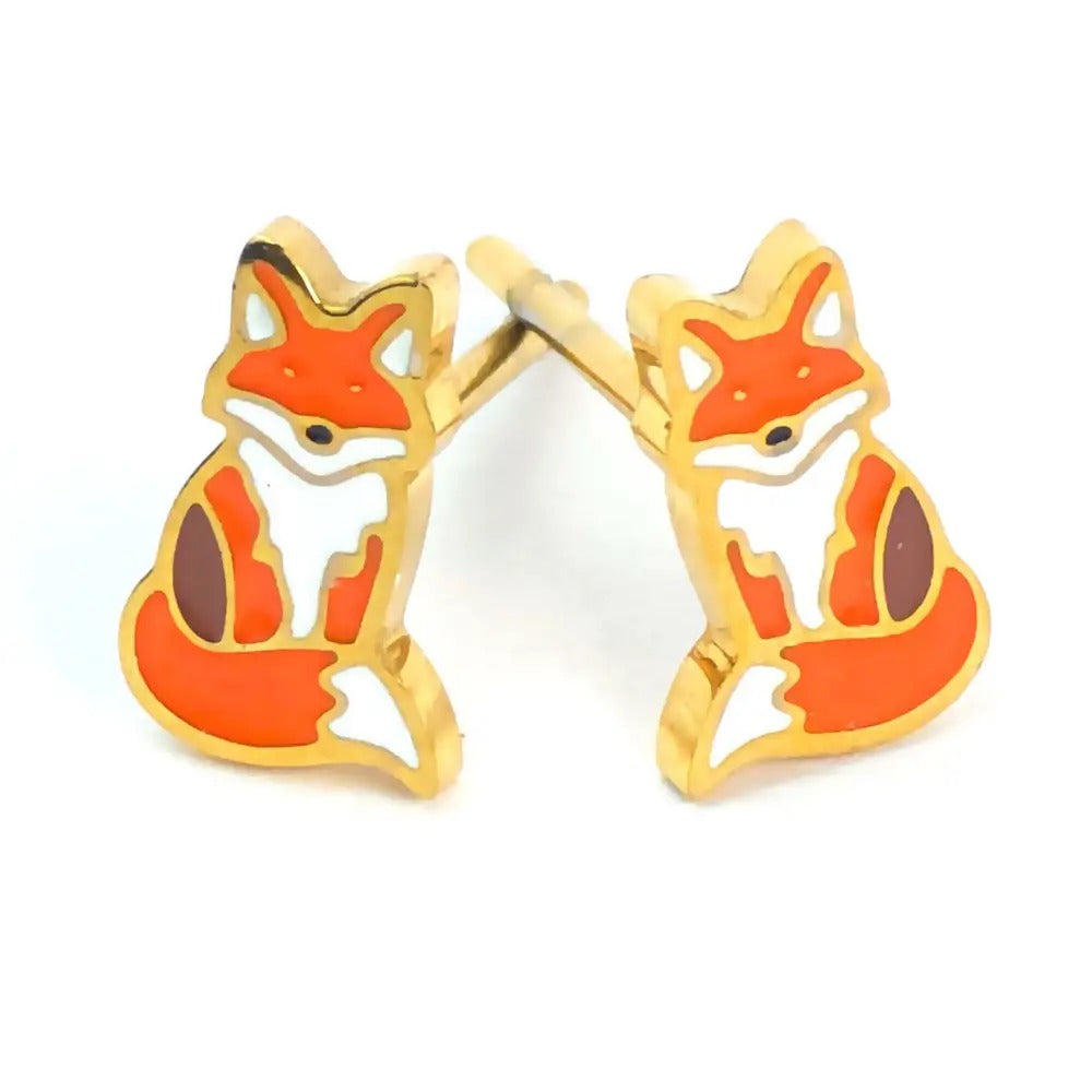 Pair of gold-tone sitting fox stud earrings in orange and white enamel