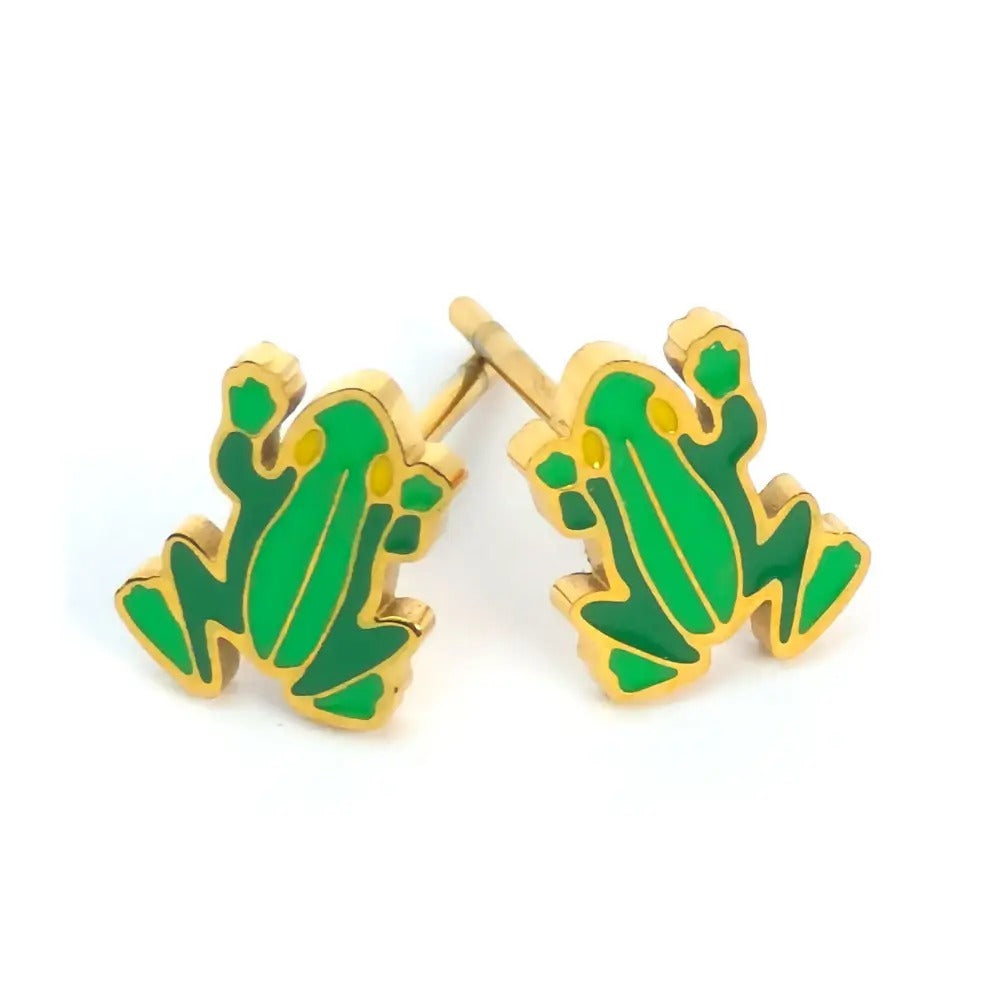 Pair of gold-tone frog stud earrings in two-tone green enamel