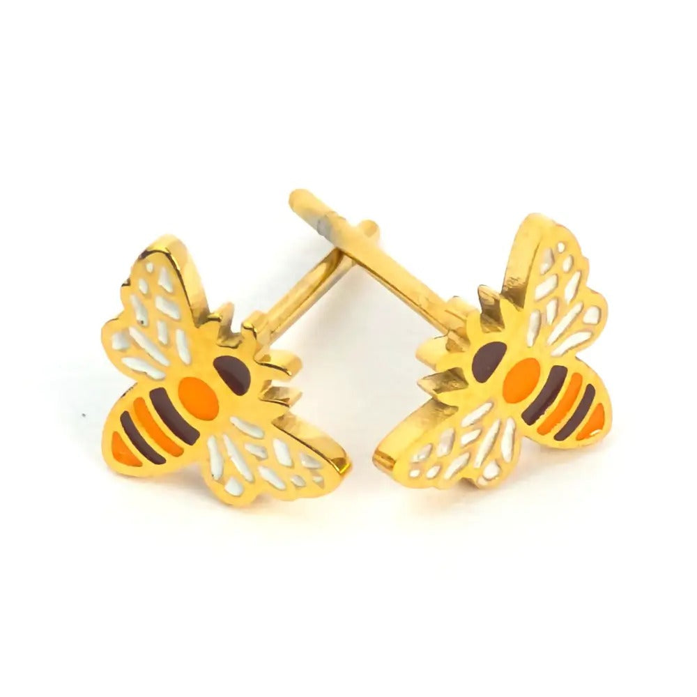 Pair of gold-tone bee stud earrings with white wings and orange and black stripes