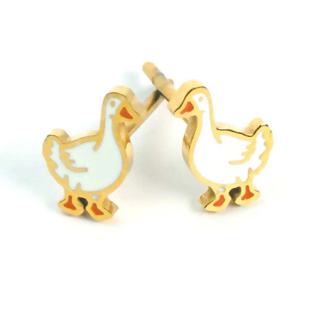 Pair of gold-tone white goose stud earrings with orange feet