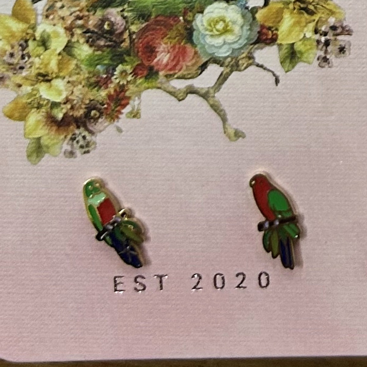 Red and green king parrot stud earrings on a pink Songbird and the Bee card