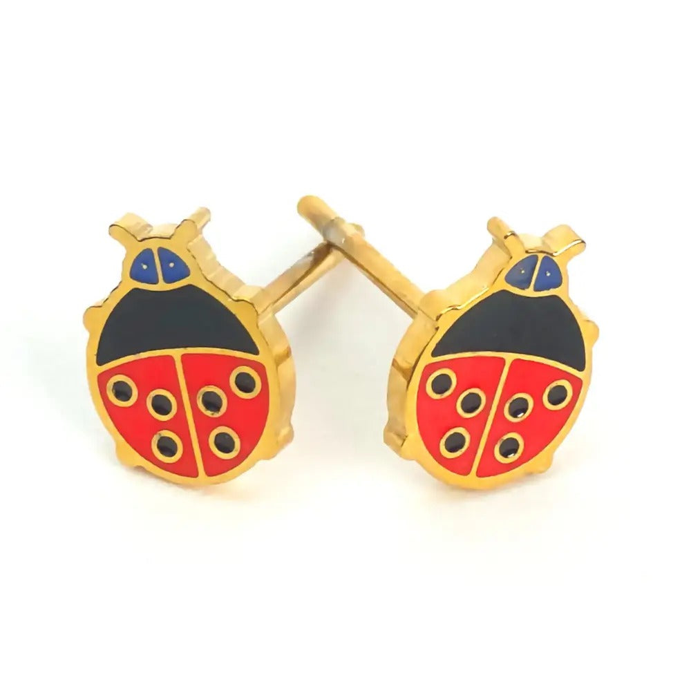 Pair of gold-tone ladybird stud earrings, red with black spots and a blue head