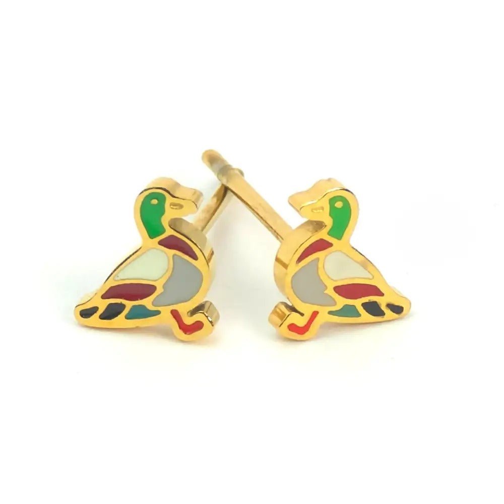 Pair of gold-tone mallard duck stud earrings with a green head