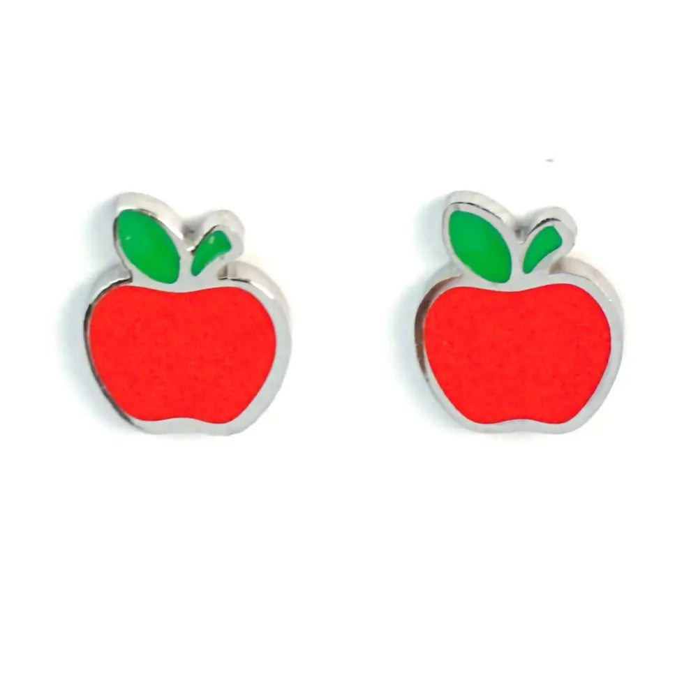 Pair of silver-tone red apple stud earrings with green leaves
