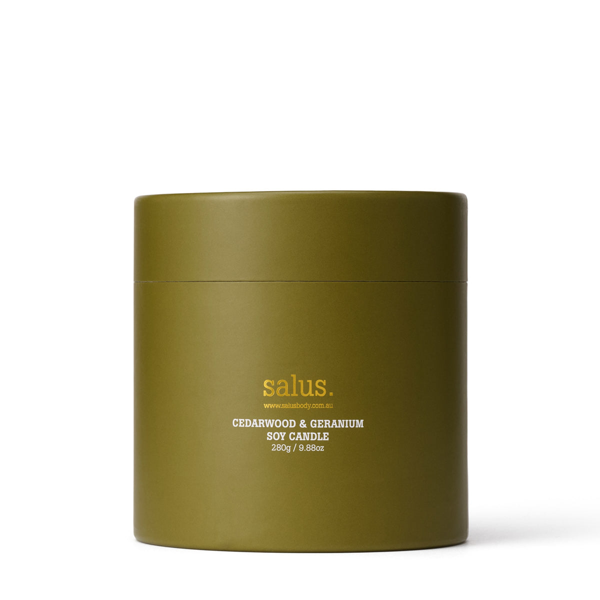 Round olive-green Salus gift box labelled Cedarwood & Geranium Soy Candle, 280 g.