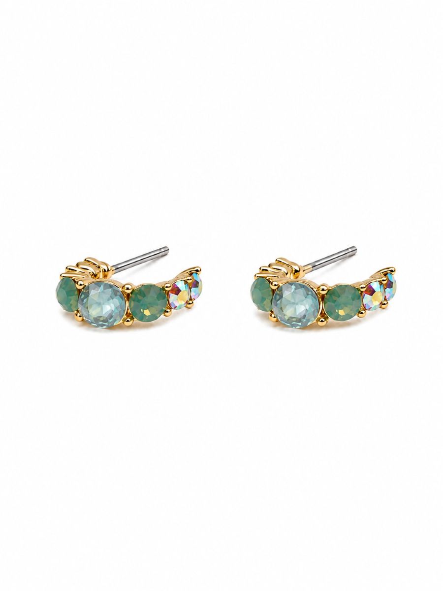 Pair of gold-tone half hoop earrings set with soft green and aqua stones and two iridescent stones at the tip