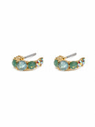 Pair of gold-tone half hoop earrings set with soft green and aqua stones and two iridescent stones at the tip