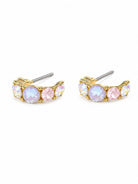 Pair of gold-tone half hoop earrings set with lilac and pale pink stones between two iridescent stones