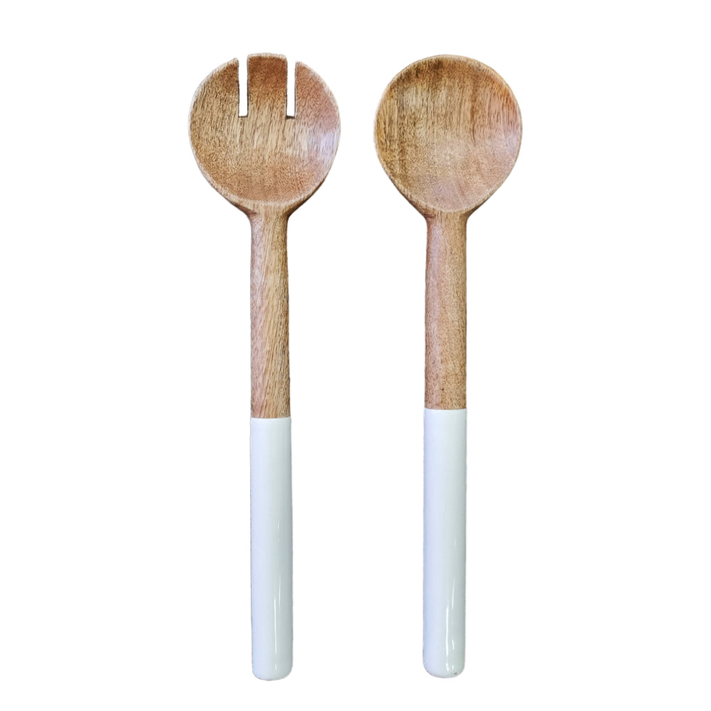 Stella mango wood salad servers, a forked spoon and a spoon with white enamel handles