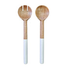 Stella mango wood salad servers, a forked spoon and a spoon with white enamel handles