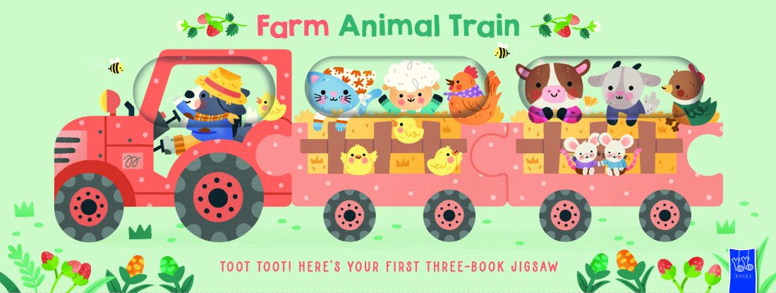 The Farm Animal Train: three board books slotted together as a red tractor pulling two carriages of farm animals