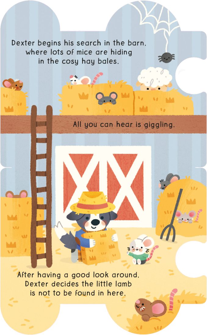 Inside page: Dexter searches the barn among the hay bales for the lost lamb