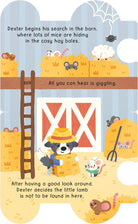Inside page: Dexter searches the barn among the hay bales for the lost lamb