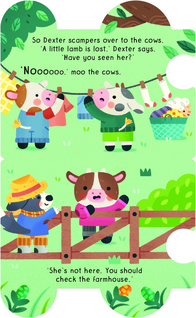 Inside page: Dexter asks the cows in the paddock whether they have seen a little lamb