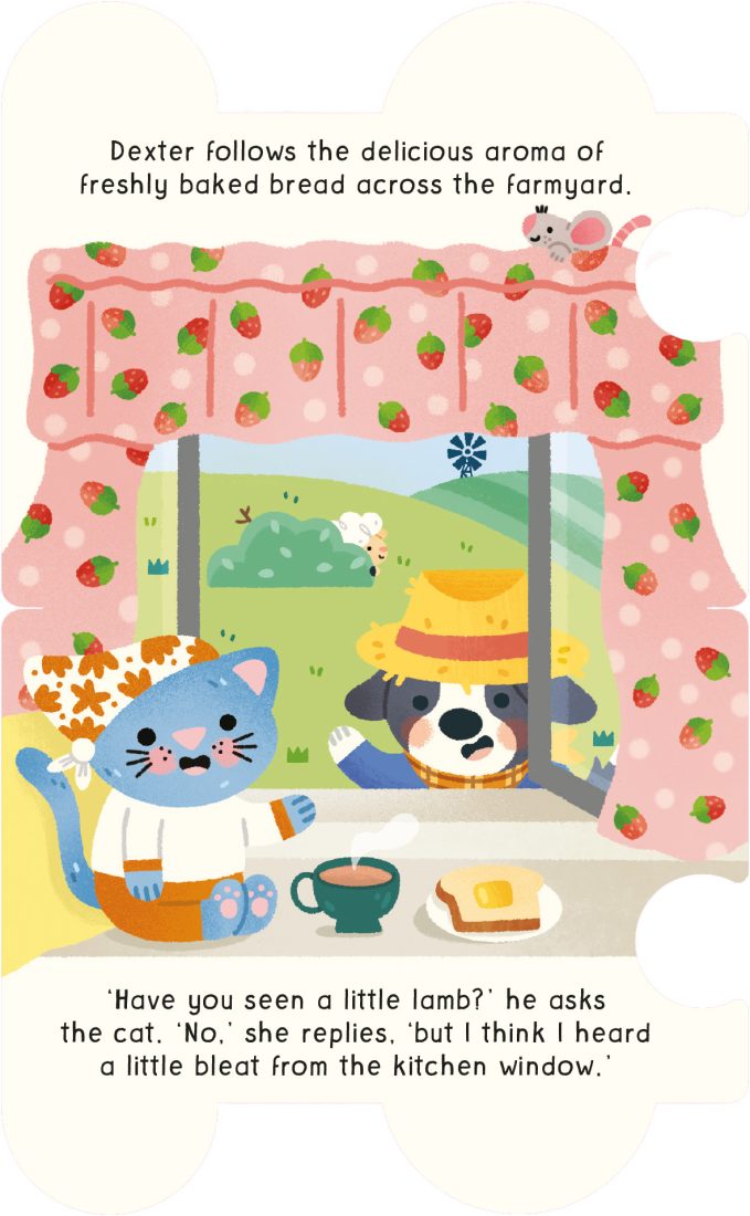Inside page: Dexter follows the smell of fresh bread to the farmhouse window, where a cat is having tea