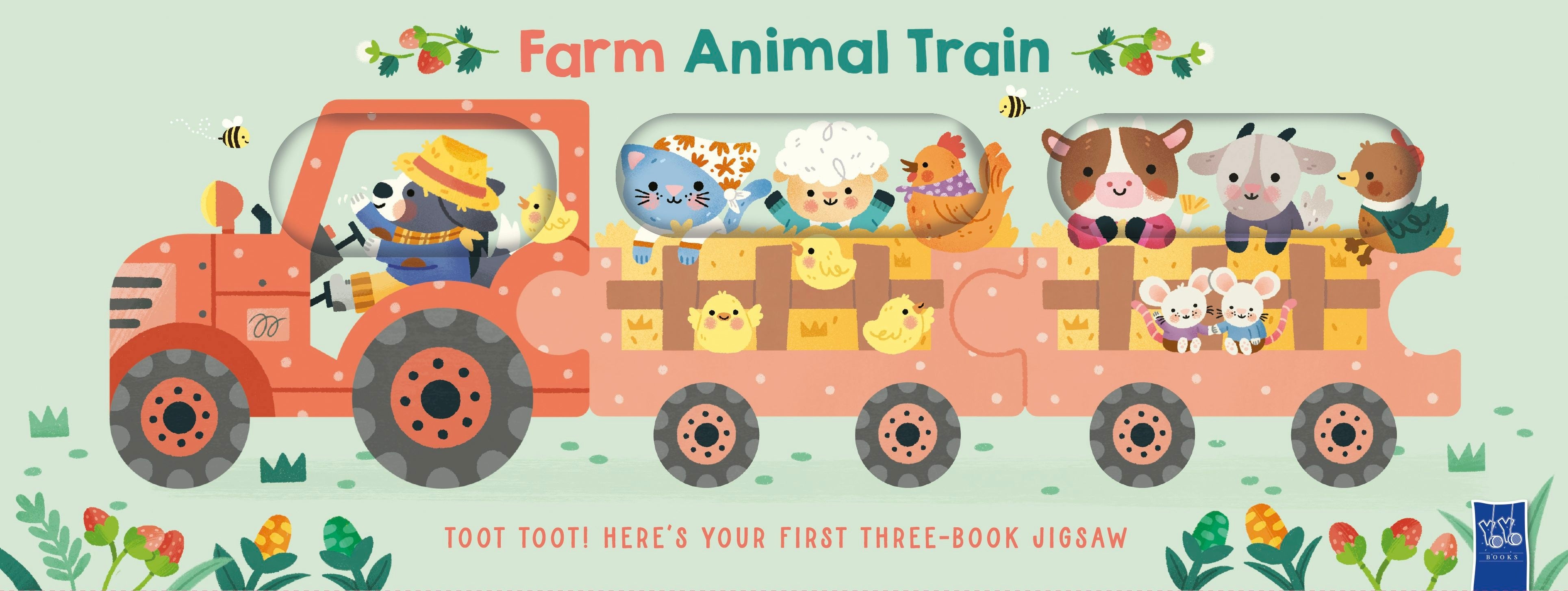 Farm Animal Train: three board books that slot together like a jigsaw into a red tractor, driven by a dog in a straw hat, pulling two carriages of farm animals including a cat, a lamb, a cow, a goat and chicks