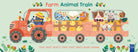 Farm Animal Train: three board books that slot together like a jigsaw into a red tractor, driven by a dog in a straw hat, pulling two carriages of farm animals including a cat, a lamb, a cow, a goat and chicks