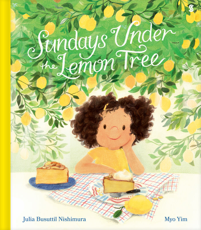 Sundays Under the Lemon Tree, a picture book cover of a child at a table under a lemon tree with two slices of cake