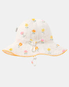 Toshi Pippa sunhat in vanilla cotton with a yellow, orange and pink blossom print, a wavy yellow-edged brim and chin toggle