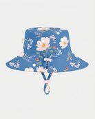Toshi Camille sunhat in capri blue cotton printed with pale pink blossoms, with a broad brim, head toggle and chin strap