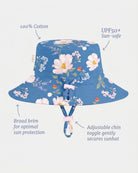 Labelled view of the Camille sunhat noting 100% cotton, UPF50+, broad brim and the adjustable chin toggle