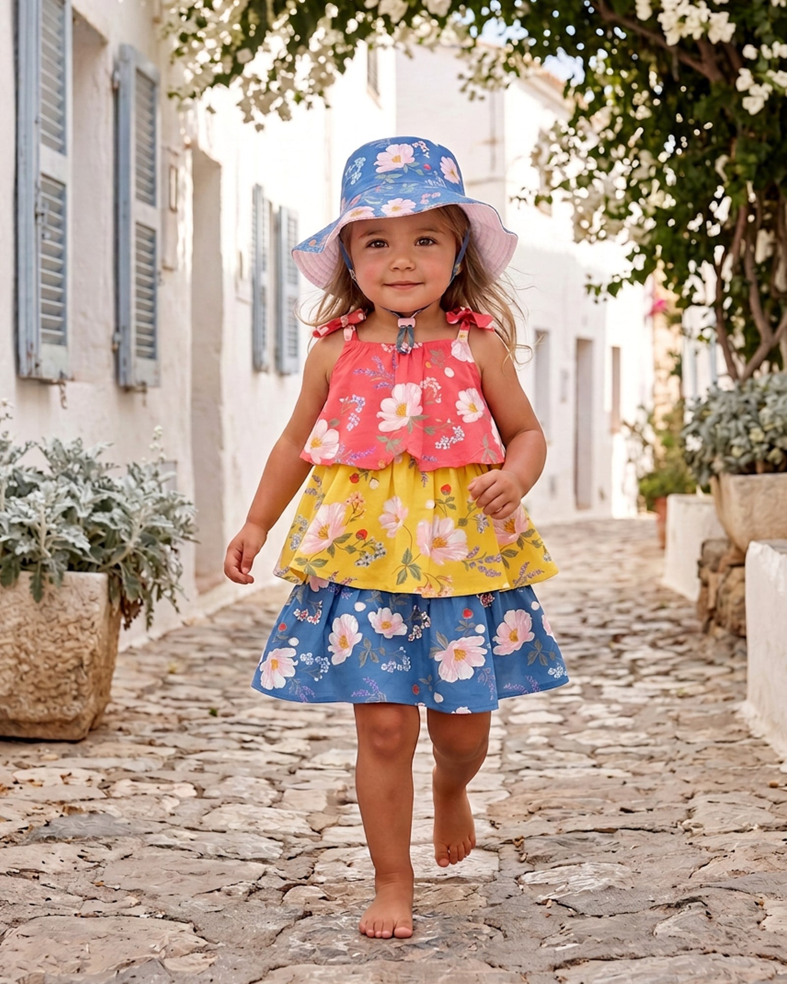 Toddler walking down a cobbled lane in the Camille sunhat and a coral, yellow and blue tiered dress