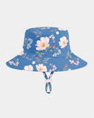 Plain side of the capri blue Camille sunhat, opposite the toggle, with its broad brim and chin strap