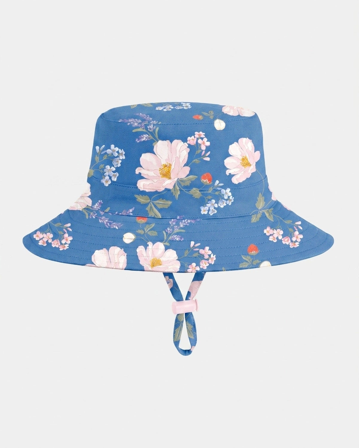 Plain side of the capri blue Camille sunhat, opposite the toggle, with its broad brim and chin strap
