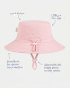 Labelled view of the Olly sunhat noting 100% cotton, UPF50+, broad brim and the adjustable chin toggle