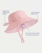 Labelled view of the Olly sunhat's adjustable toggle, cotton lining and safety-release chin clasp