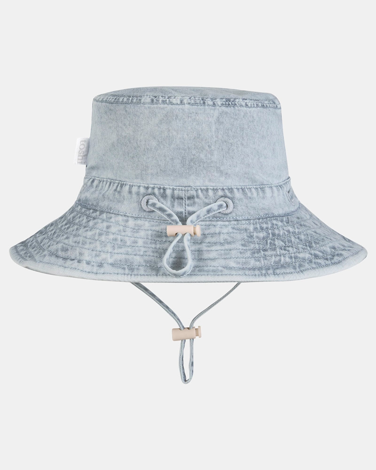 Toshi Olly Indiana bucket sunhat in washed blue denim-look fabric with its adjustable head toggle and chin strap