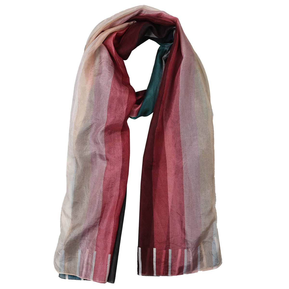 Sunset Spectrum Stripes silk scarf draped, stripes in blush, rose and wine with teal showing at the neck
