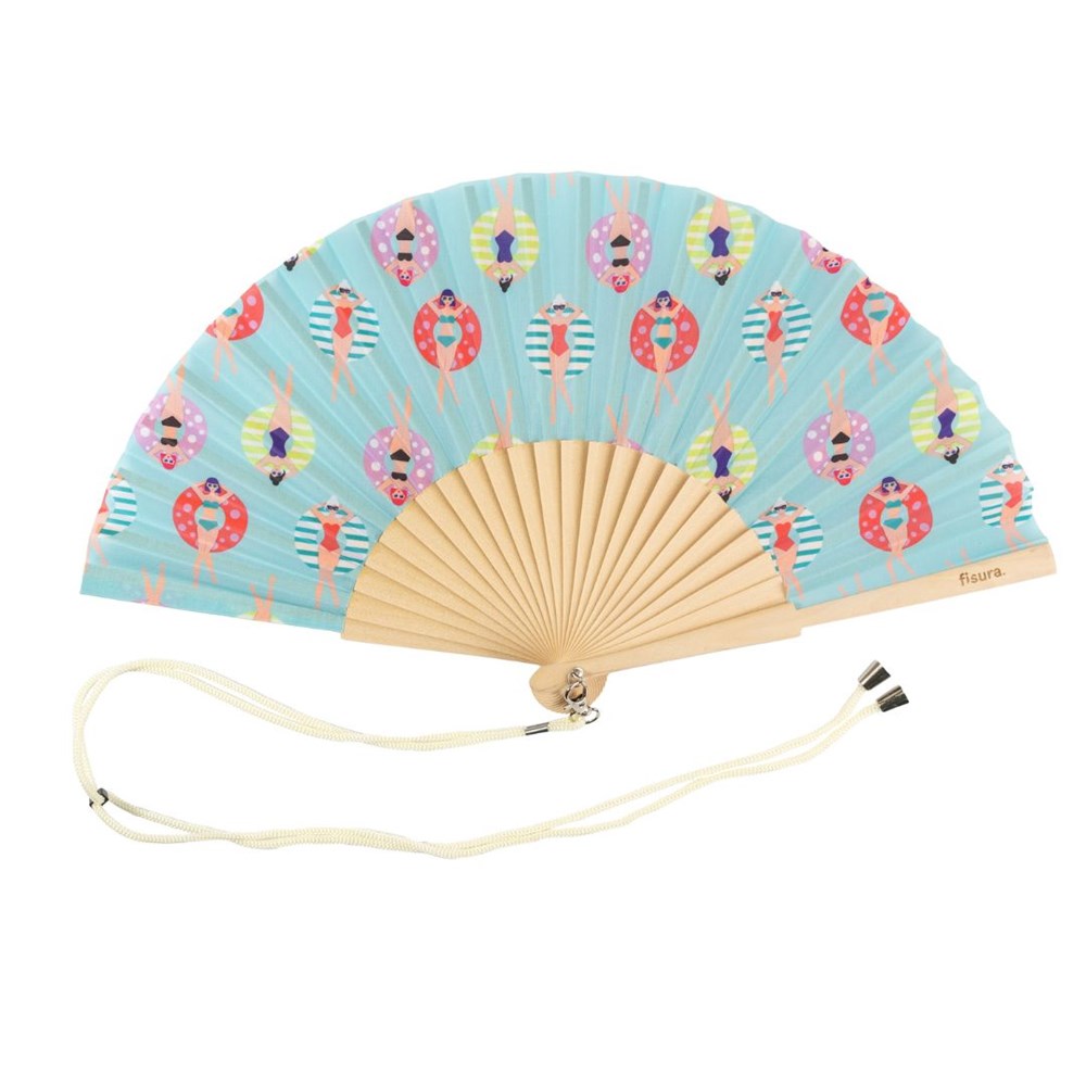 Open folding fan with natural wooden ribs and an aqua leaf printed with swimmers in rubber rings, cream wrist cord below