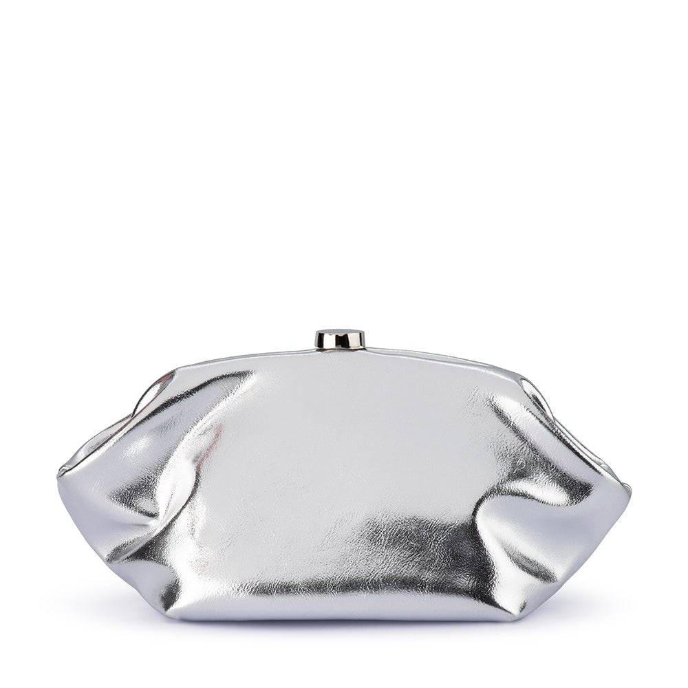 Metallic silver clutch from the front, gathered at the sides with a round clasp on top