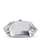 Metallic silver clutch from the front, gathered at the sides with a round clasp on top