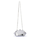 The silver clutch hanging from its long fine chain