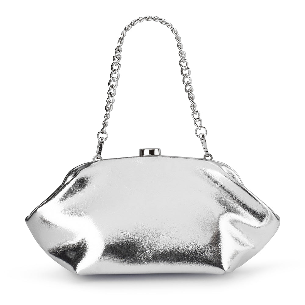 Silver clutch with its short chunky chain handle raised above the frame