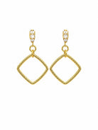 Pair of drop earrings with an open textured gold-tone square hanging on its point from a sparkling stud
