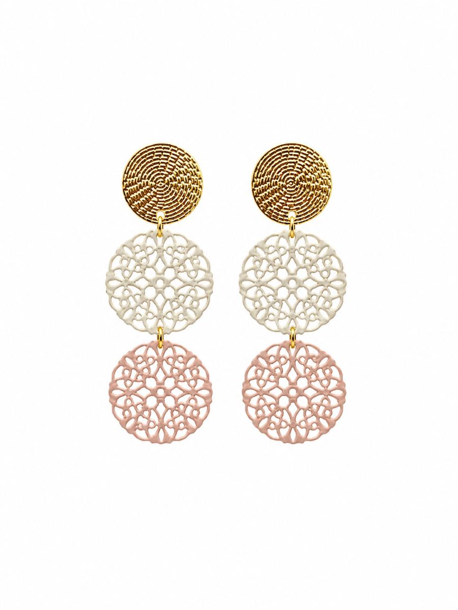 Pair of long drop earrings: a textured gold-tone disc, a white filigree disc and a dusty pink filigree disc