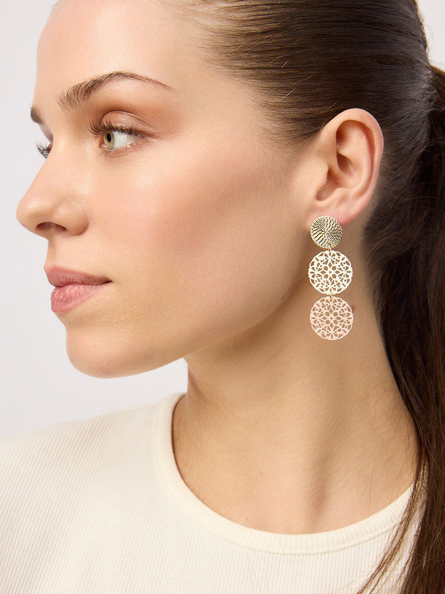 Model in profile wearing the three-tier filigree disc earring in Pink