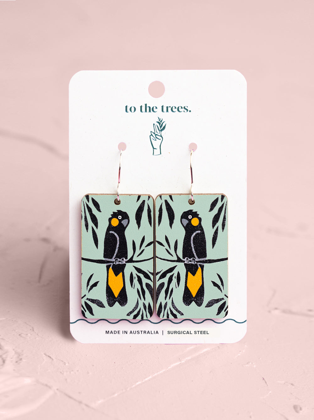 To The Trees Yellow-tailed Black Cockatoo earrings, rectangular drop