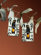 To The Trees Yellow-tailed Black Cockatoo earrings — Australian hoop pine, rectangular drop