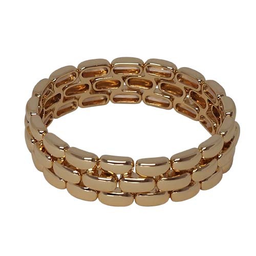 The triple layer rectangle bead stretch bracelet in gold.