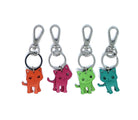 Four leather cat keyrings in orange, pink, green and teal with silver clips