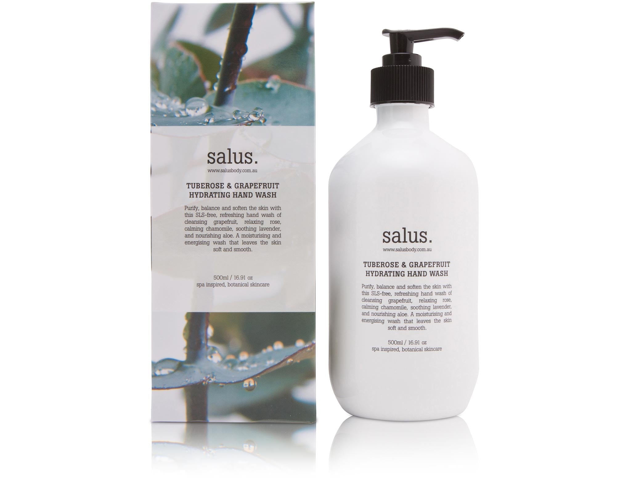 Salus Tuberose & Grapefruit Hydrating Hand Wash 500ml pump bottle beside its botanical-print gift box
