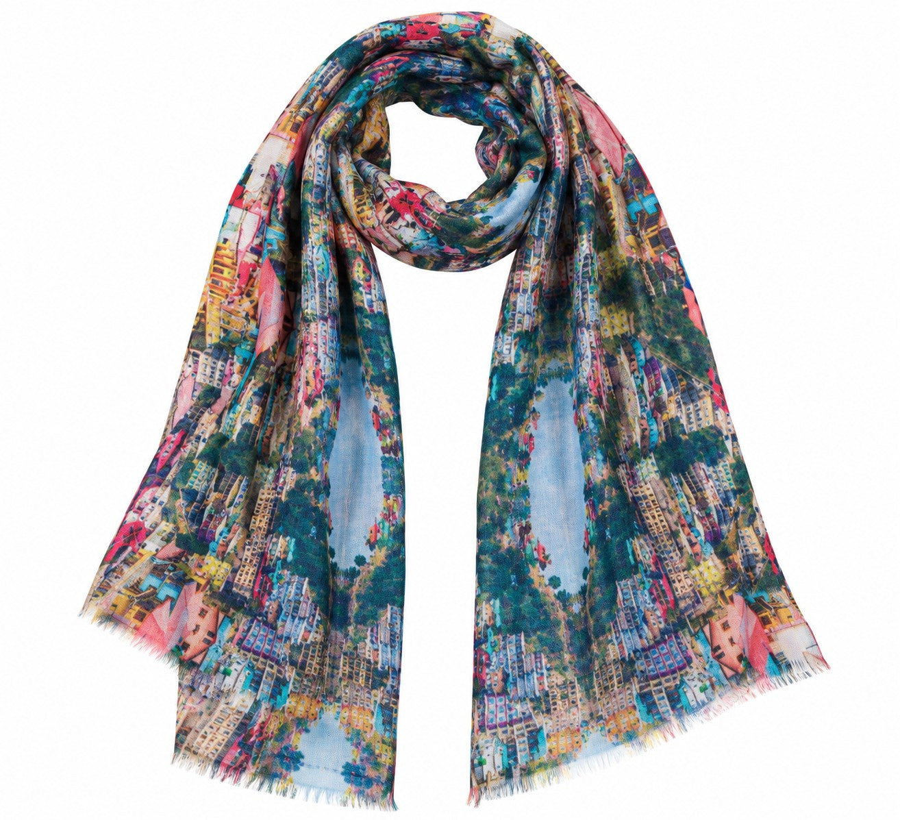 Urban Cityscape cotton modal scarf draped, a mirrored print of buildings and waterways in turquoise, coral and pink