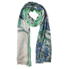 Van Gogh Irises cotton modal scarf draped, blue irises and green leaves on cream